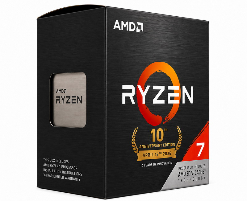 Процессор Ryzen 7 5800X3D в коробочном исполнении на фоне логотипа AM4.
