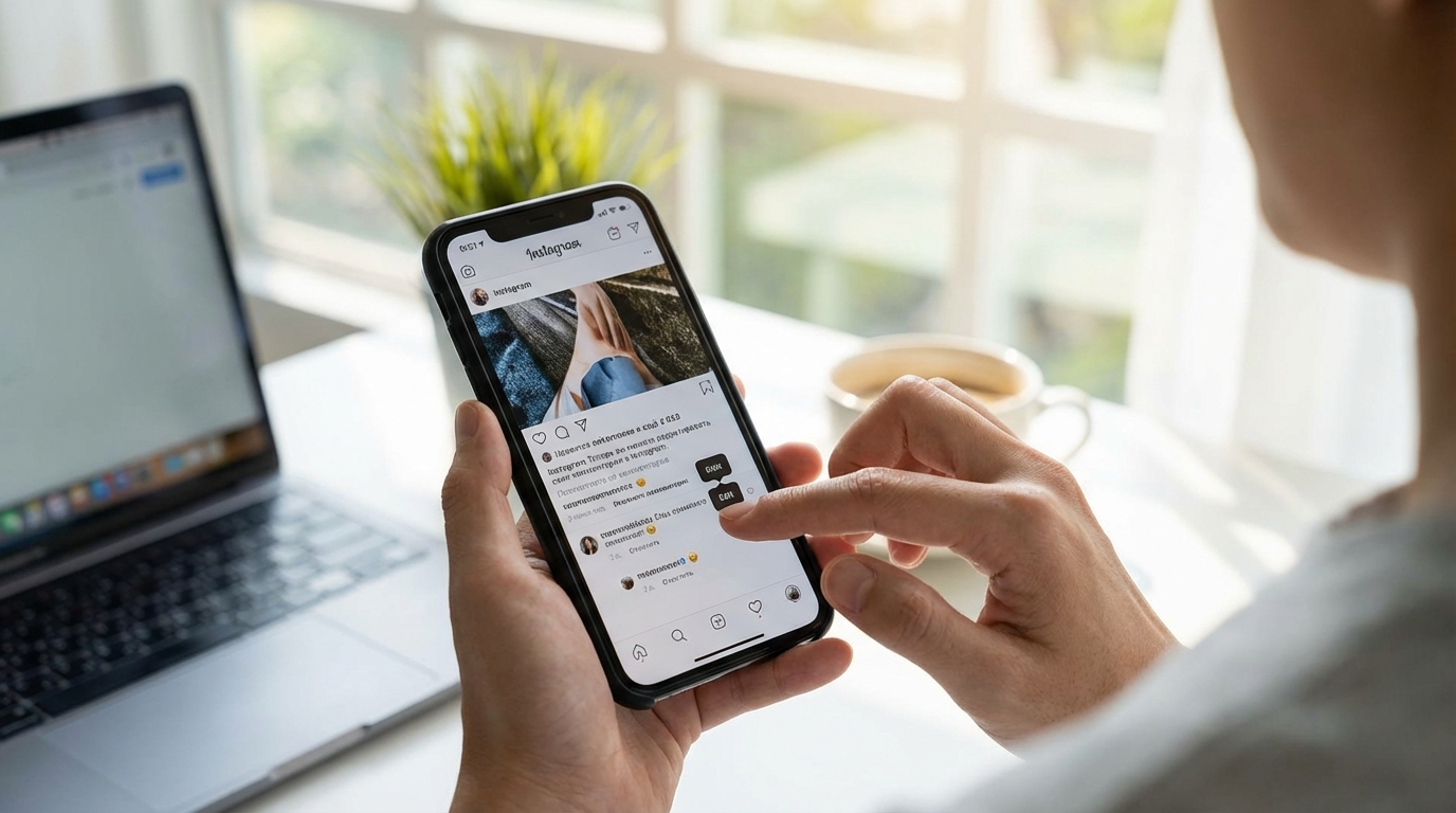 Пользователь редактирует комментарий в Instagram на экране мобильного устройства.
