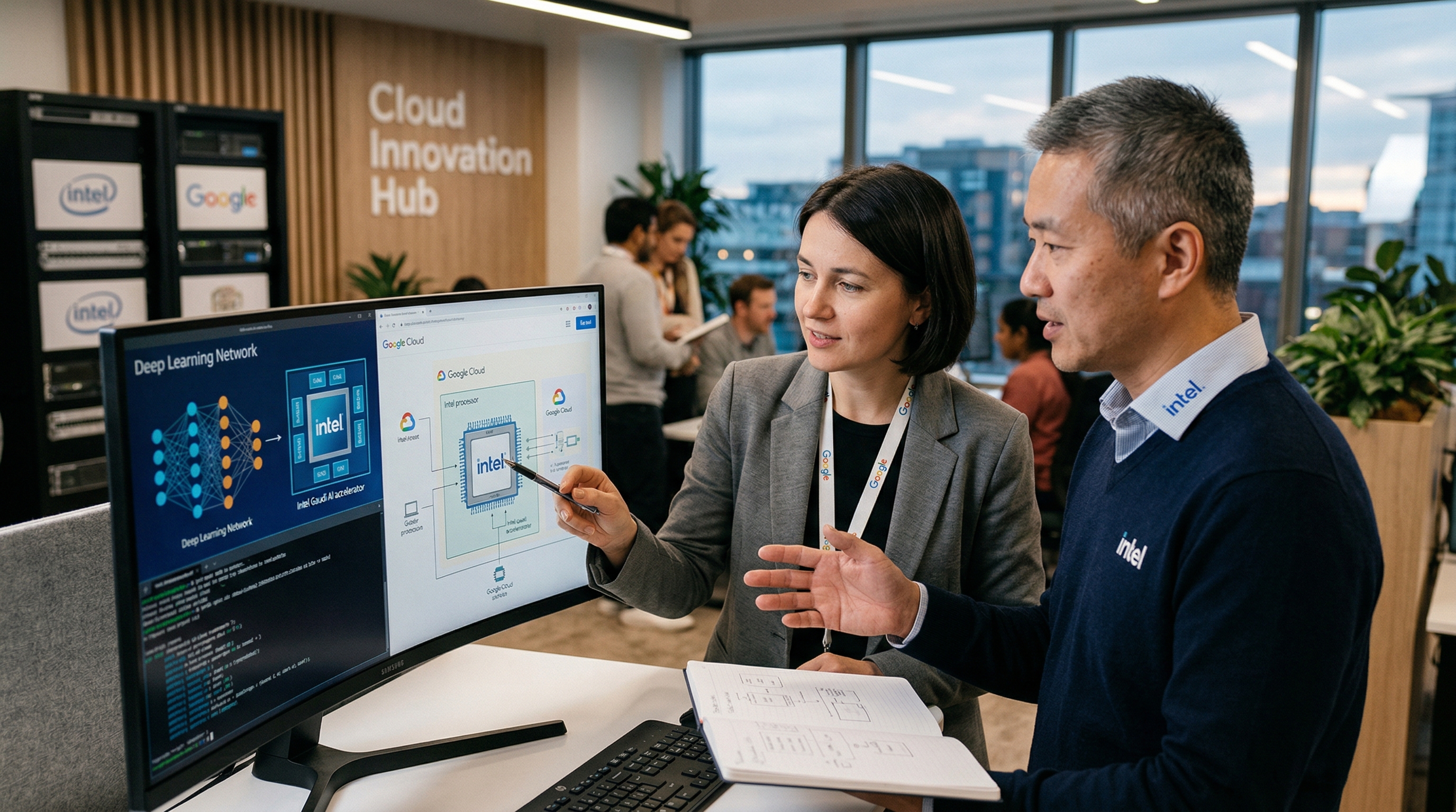 Логотипы Google и Intel на фоне чипов и технологий ИИ.