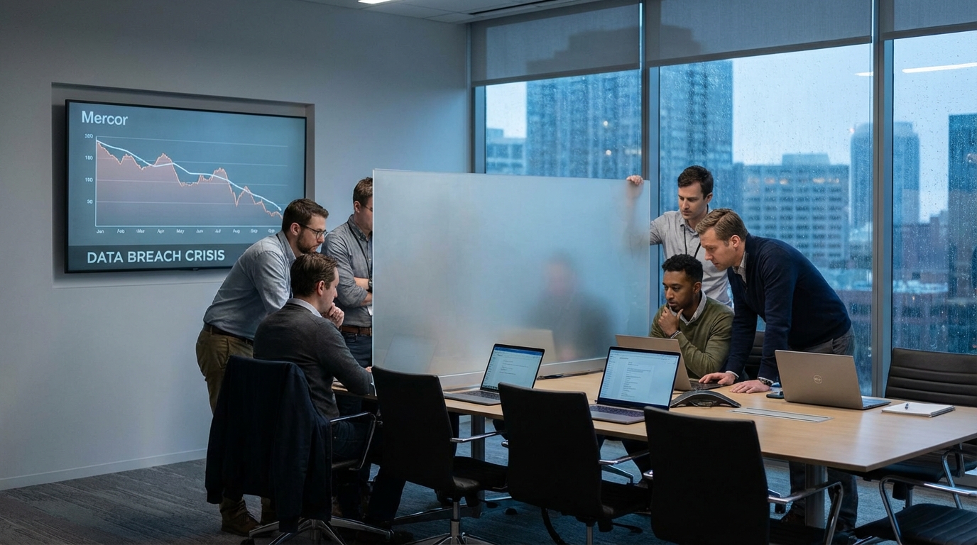 Логотип стартапа Mercor на фоне киберугроз. Логотип стартапа Mercor на фоне киберугроз.