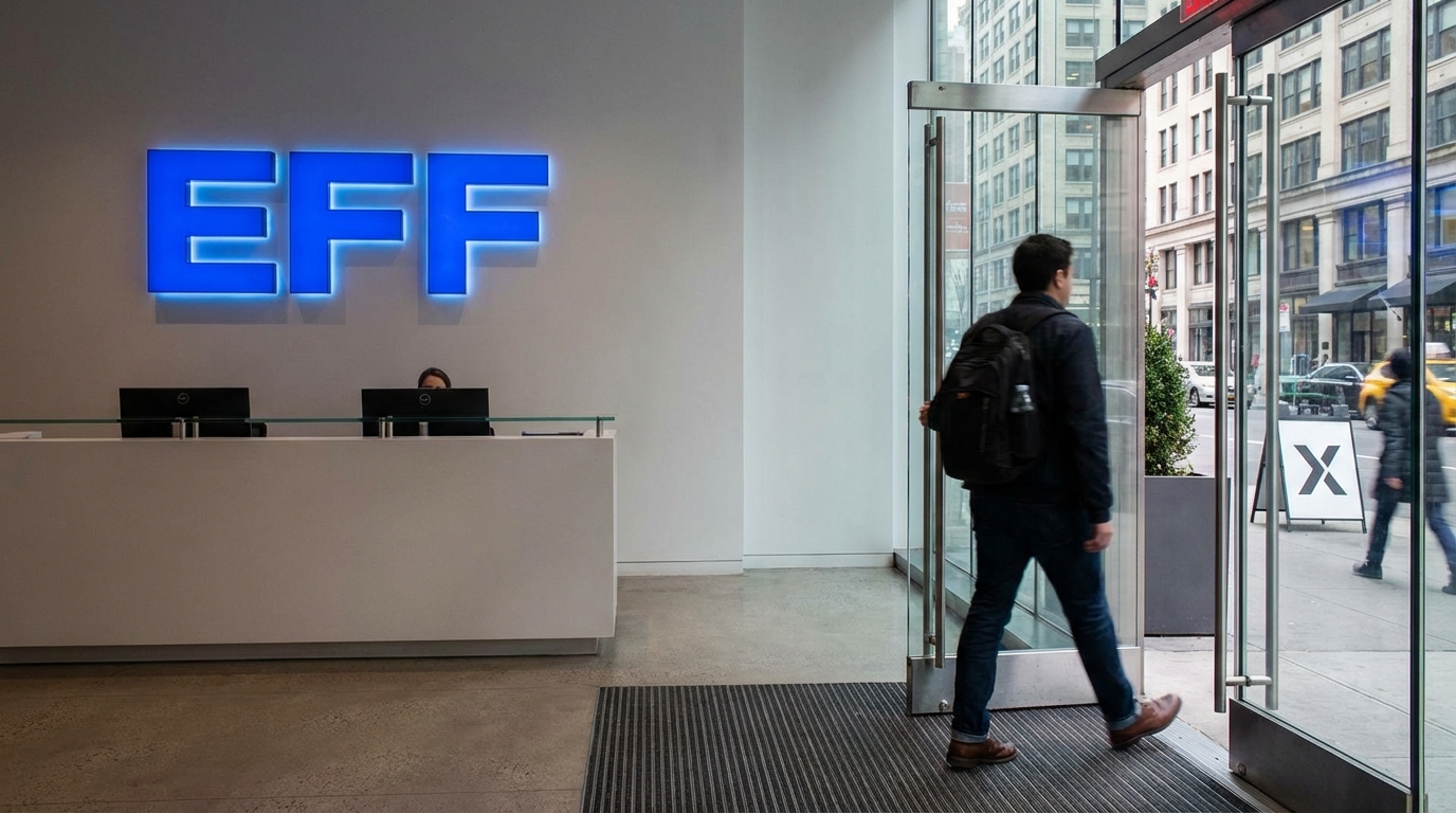 Логотип EFF на фоне социальных медиа, символизирующий уход из X. Логотип EFF на фоне социальных медиа, символизирующий уход из X.