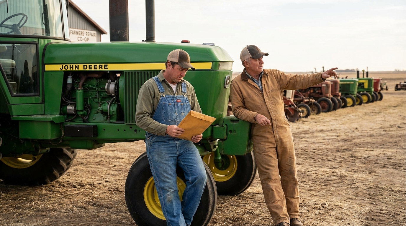 Фермеры и тракторы John Deere на фоне обсуждения права на ремонт. Фермеры и тракторы John Deere на фоне обсуждения права на ремонт.